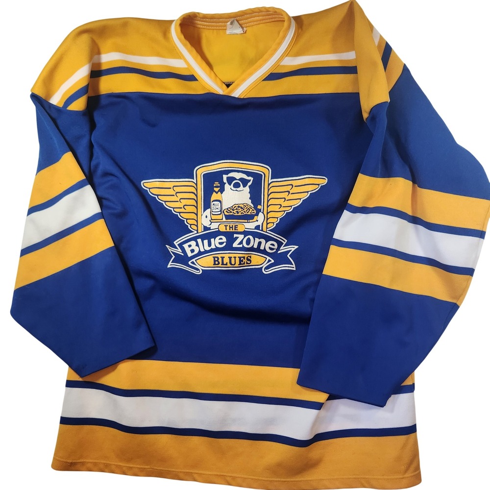 Vintage Athletic Knit Blue Zone Blues Hockey Jersey Mens XL Blue Yellow #27